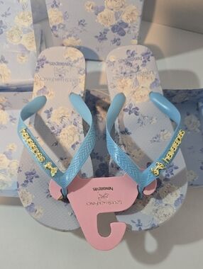 LoveShackFancy x Havaianas Light Blue & Cream Floral Flip Flops with Box